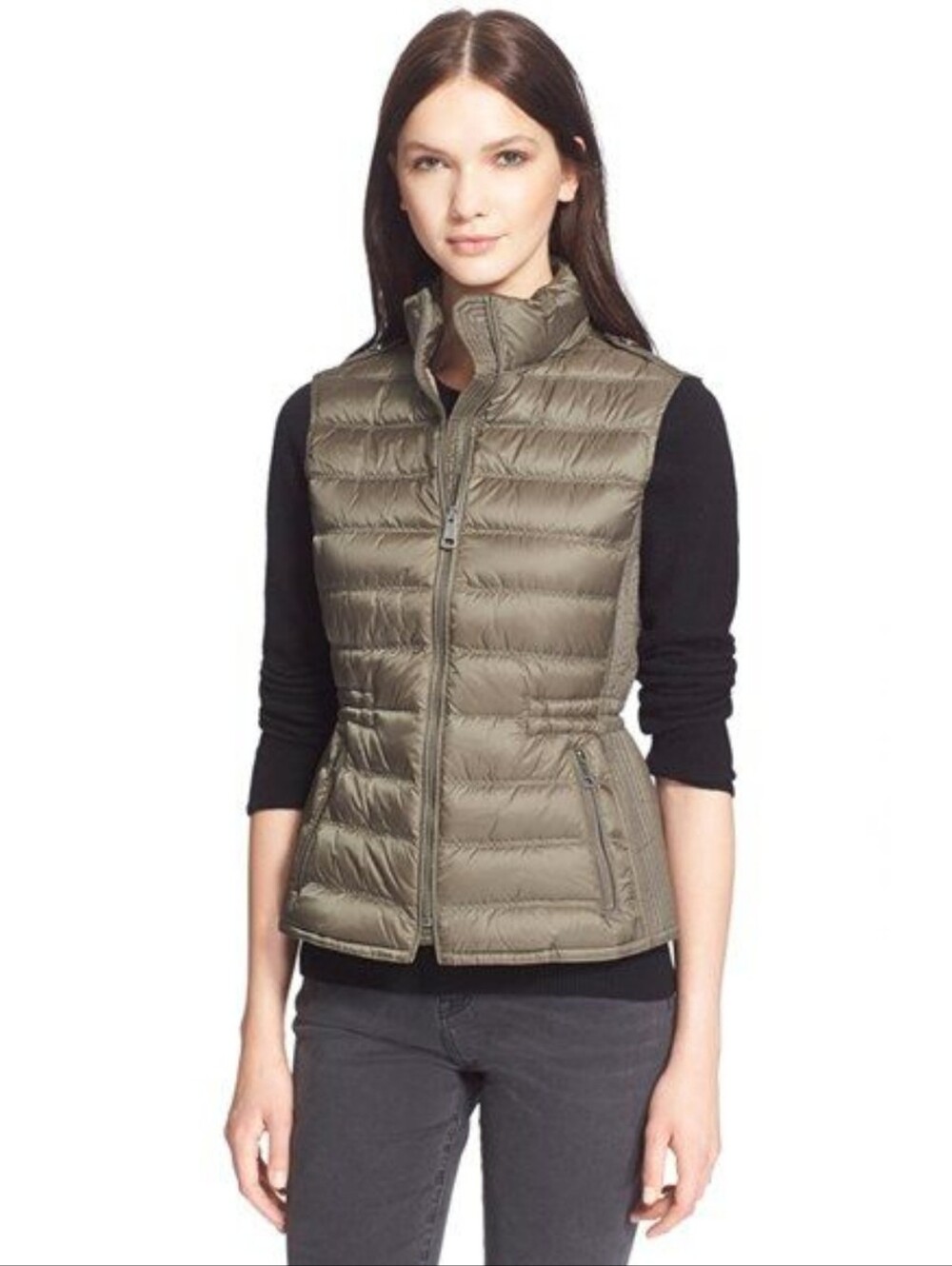BURBERRY BRIT Cranstead Dark Gray Olive Full Zip Down Puffer Vest Resortwear XS